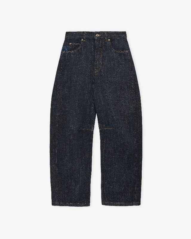 Loewe - Women's Anagram Barrel Jeans In Denim - (Indigo Blue) Fashionable Raw Hemmed Jeans Loewe - Women's Anagram Barrel Jeans In Denim - (Indigo Blue) Fashionable Raw Hemmed Jeans