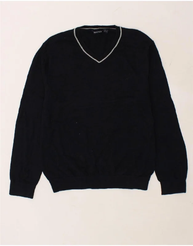 NAUTICA Mens V-Neck Jumper Sweater Large Black Cotton Wool Fabric Cashmere Fabric Tweed Fabric NAUTICA Mens V-Neck Jumper Sweater Large Black Cotton Wool Fabric Cashmere Fabric Tweed Fabric