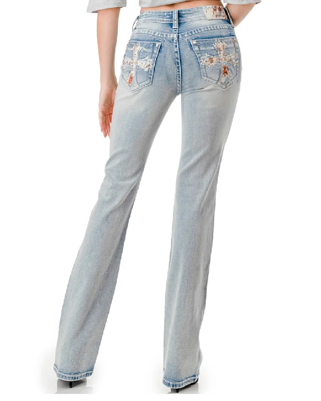 Women's Light Wash Cross Embroidery Boot Cut Jeans Comfortable Full-Length Denim Jeans Women's Light Wash Cross Embroidery Boot Cut Jeans Comfortable Full-Length Denim Jeans