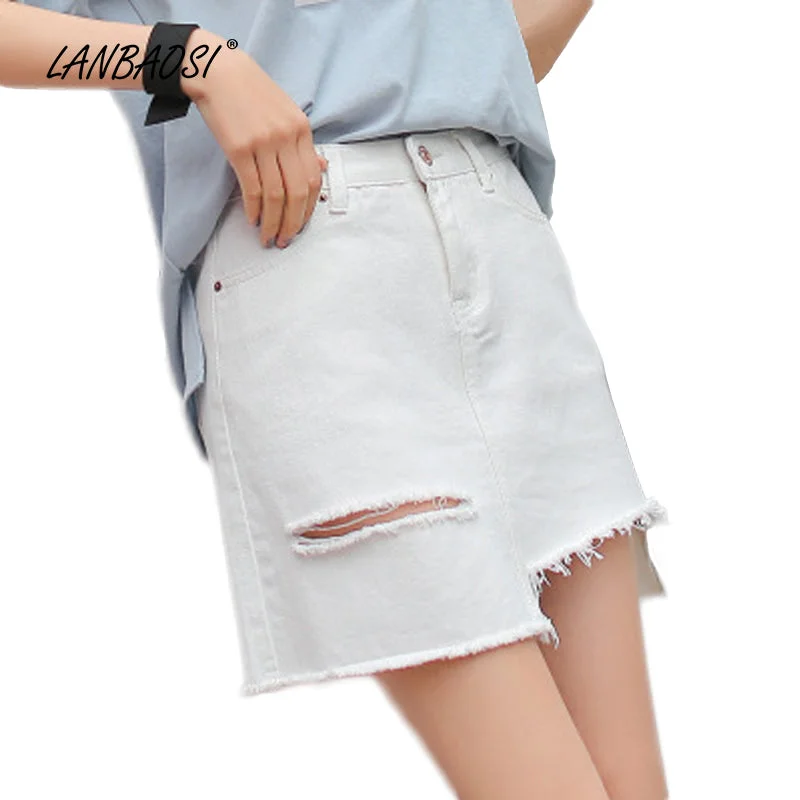 LANBAOSI White Ripped Jeans Miniskirts for Women High Waist Frayed Hem Denim Mini Skirts Cowgirl Female Jean Skirt Trendy Patchwork Denim Jeans LANBAOSI White Ripped Jeans Miniskirts for Women High Waist Frayed Hem Denim Mini Skirts Cowgirl Female Jean Skirt Trendy Patchwork Denim Jeans