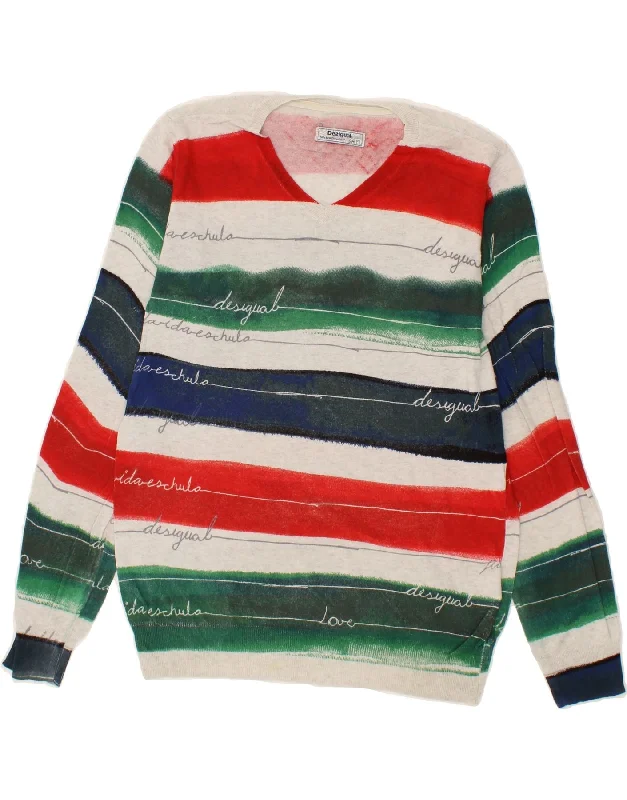 DESIGUAL Mens V-Neck Jumper Sweater Medium Multicoloured Striped Cotton Chenille Brocade Lace DESIGUAL Mens V-Neck Jumper Sweater Medium Multicoloured Striped Cotton Chenille Brocade Lace