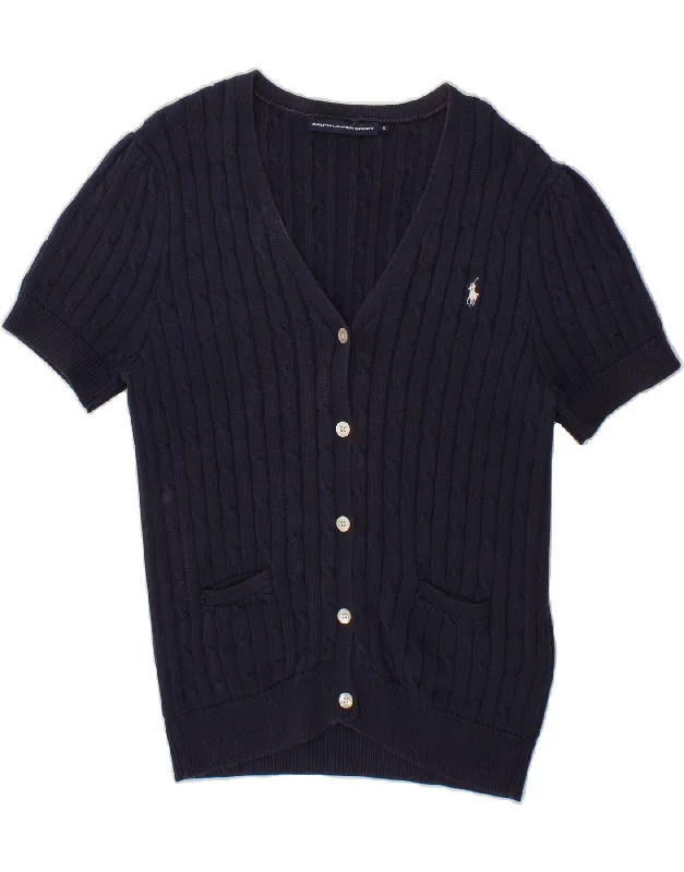 RALPH LAUREN Womens Short Sleeve Cardigan Sweater UK 18 XL Navy Blue Front Pockets Side Pockets Patch Pockets RALPH LAUREN Womens Short Sleeve Cardigan Sweater UK 18 XL Navy Blue Front Pockets Side Pockets Patch Pockets