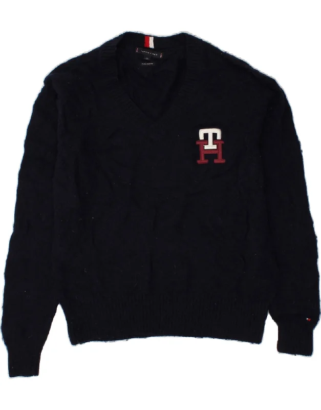 TOMMY HILFIGER Mens Graphic V-Neck Jumper Sweater Large Navy Blue Wool Houndstooth Herringbone Solid TOMMY HILFIGER Mens Graphic V-Neck Jumper Sweater Large Navy Blue Wool Houndstooth Herringbone Solid