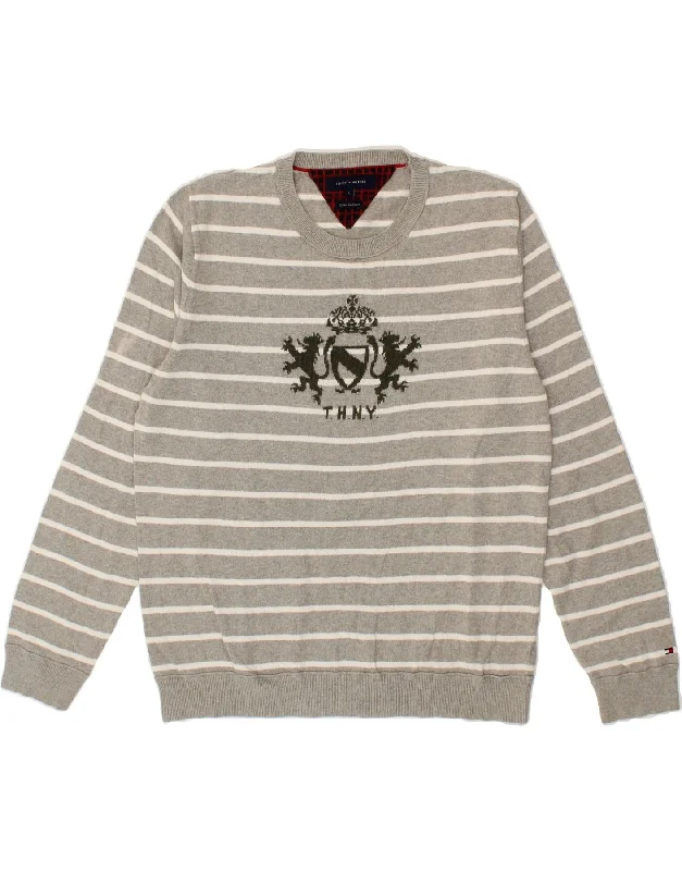 TOMMY HILFIGER Mens Graphic Crew Neck Jumper Sweater Large Grey Striped Print Jacquard Patchwork TOMMY HILFIGER Mens Graphic Crew Neck Jumper Sweater Large Grey Striped Print Jacquard Patchwork