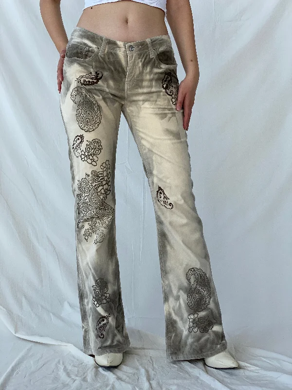 Rare Vintage Bebe Jeans Gray & Beige Tones Graphic Flared Velvet Pants - 38EUR Stylish Acid-Wash Jeans Rare Vintage Bebe Jeans Gray & Beige Tones Graphic Flared Velvet Pants - 38EUR Stylish Acid-Wash Jeans