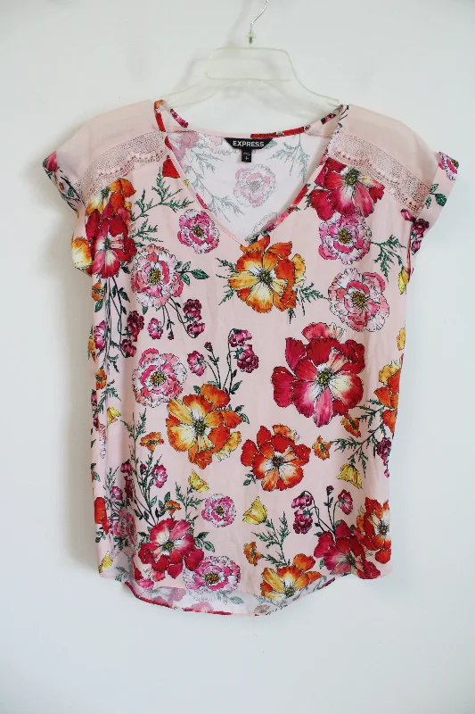 Express Pink Floral Satin Blouse | S Loose Fit Blouse