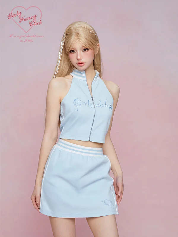 Halter Neck Sporty Sleeveless Top & Wide Pants & Miniskirt GIF0038 Trendy Wide-Legged Trousers Halter Neck Sporty Sleeveless Top & Wide Pants & Miniskirt GIF0038 Trendy Wide-Legged Trousers