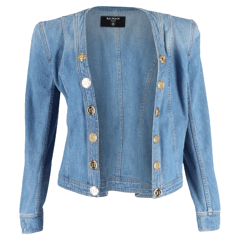 Balmain Button-Embellished Denim Jacket in Light Blue Cotton Layered Multi-layer Single Layer Balmain Button-Embellished Denim Jacket in Light Blue Cotton Layered Multi-layer Single Layer