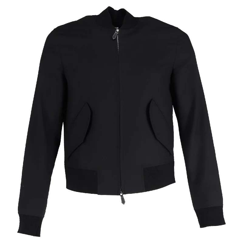 Burberry Zip-Up With Side Pockets Bomber Jacket in Black Wool Silk Blend Satin Velvet Burberry Zip-Up With Side Pockets Bomber Jacket in Black Wool Silk Blend Satin Velvet