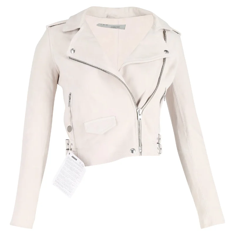 Iro Cropped Biker Jacket in Cream White Lambskin Leather Knit Fabric Woven Fabric Fleece Fabric Iro Cropped Biker Jacket in Cream White Lambskin Leather Knit Fabric Woven Fabric Fleece Fabric