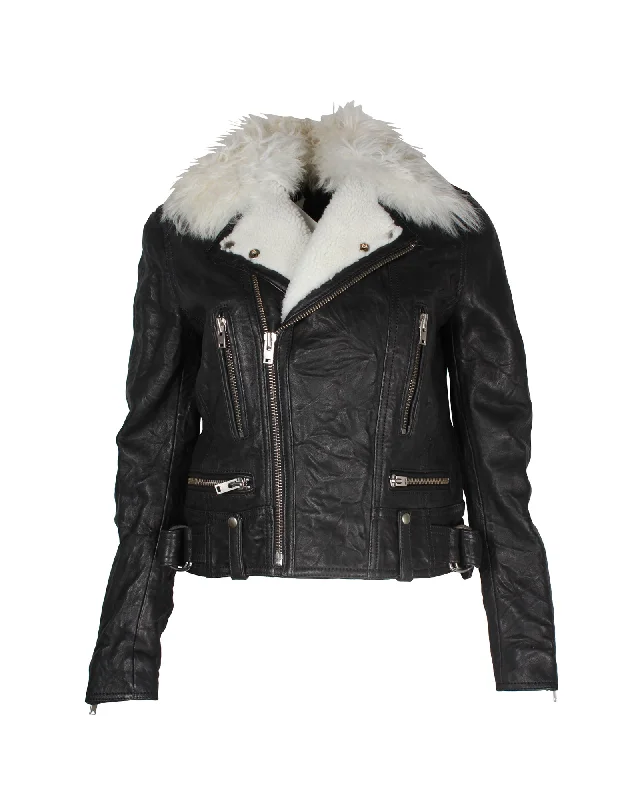 Iro Noemie Biker Jacket in Black Leather Ribbed T-Shirt High Neck Heavyweight