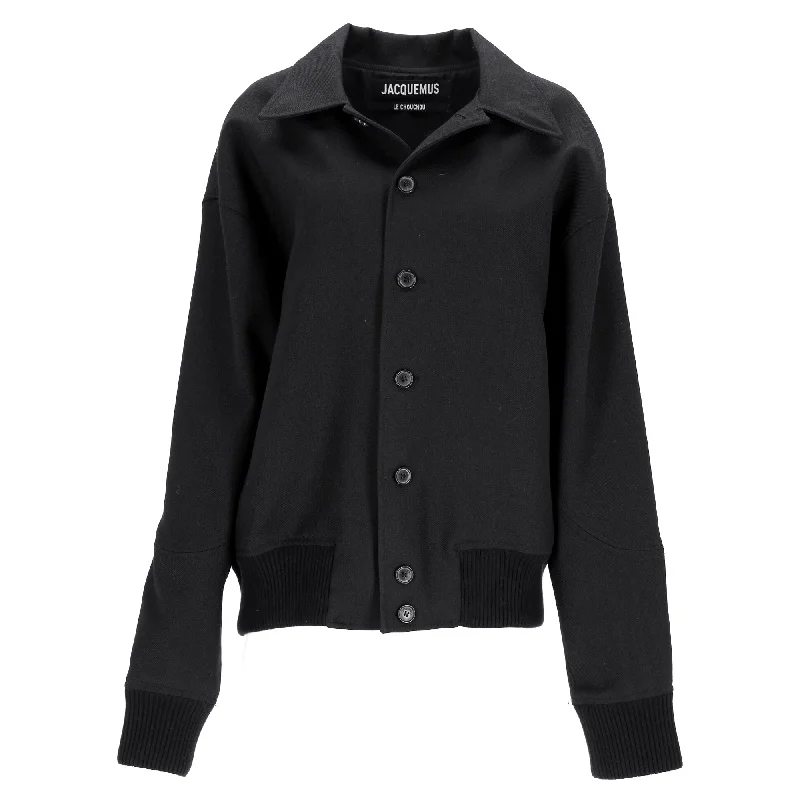 Jacquemus Le Chouchou 'Le Bomber Feltro' Bomber Jacket in Black Wool Satin Blend Silk Blend Wool Blend Jacquemus Le Chouchou 'Le Bomber Feltro' Bomber Jacket in Black Wool Satin Blend Silk Blend Wool Blend