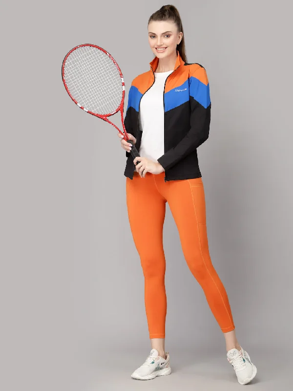JUMP USA Women Black & Orange Colourblocked Polyester Hiking Jacket Modern Contemporary Chic JUMP USA Women Black & Orange Colourblocked Polyester Hiking Jacket Modern Contemporary Chic