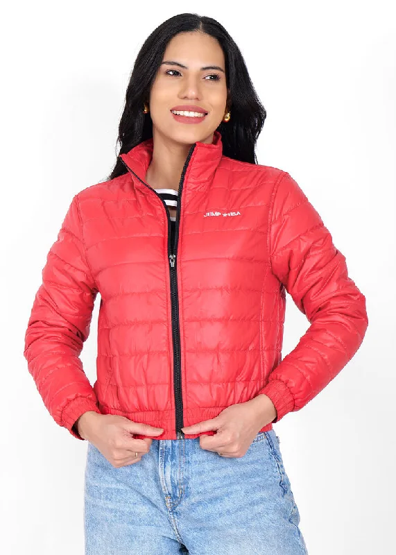 JUMP USA Women Frost Defense Red Quilted Jacket Ribbed Striped Patterned