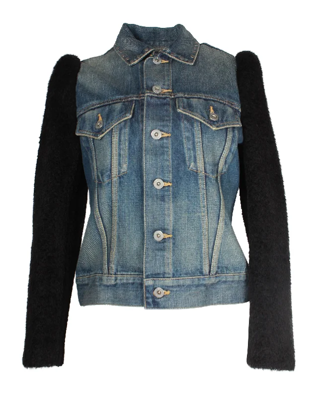 Junya Watanabe Denim Jacket with Shearling Sleeves in Blue Cotton Anti-Shrink Durable Soft Junya Watanabe Denim Jacket with Shearling Sleeves in Blue Cotton Anti-Shrink Durable Soft
