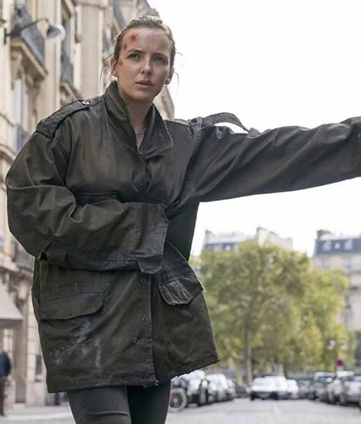 Killing Eve S03 Jodie Comer Cotton Black Jacket Notch Collar Peter Pan Collar Cowl Neck Killing Eve S03 Jodie Comer Cotton Black Jacket Notch Collar Peter Pan Collar Cowl Neck
