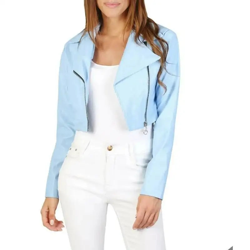 Light Blue Crop Leather Jacket Notch Collar Peter Pan Collar Cowl Neck