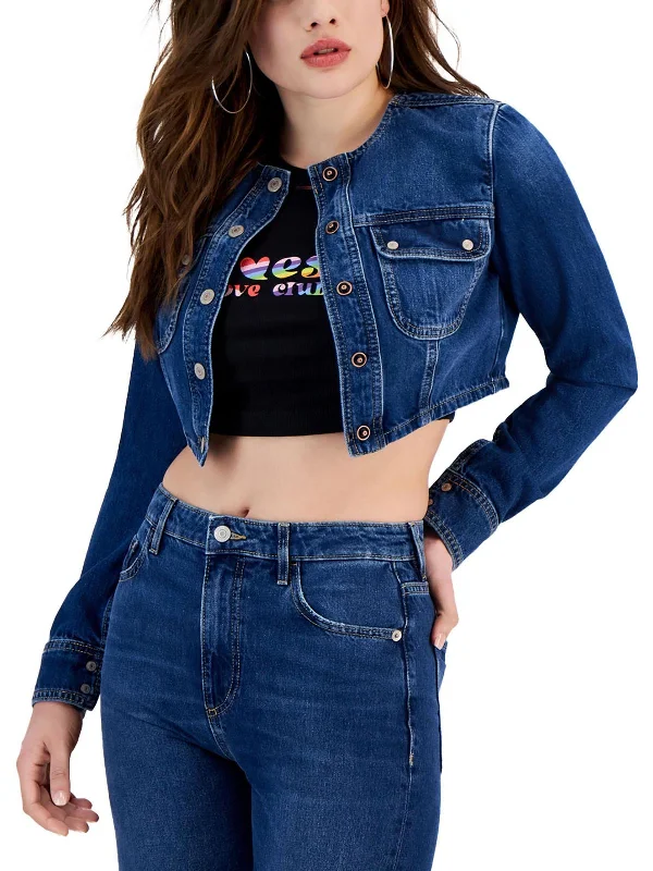 Lyssa Womens Collarless Short Denim Jacket Chenille Blend Fleece Blend Nylon Blend