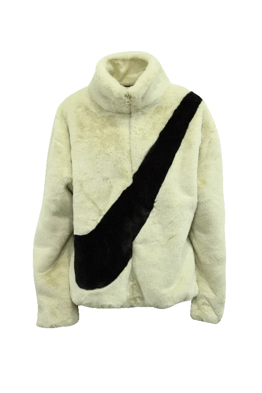 Nike Big Swoosh Jacket in Cream Faux Fur Iron Safe Non-Iron Wrinkle Free