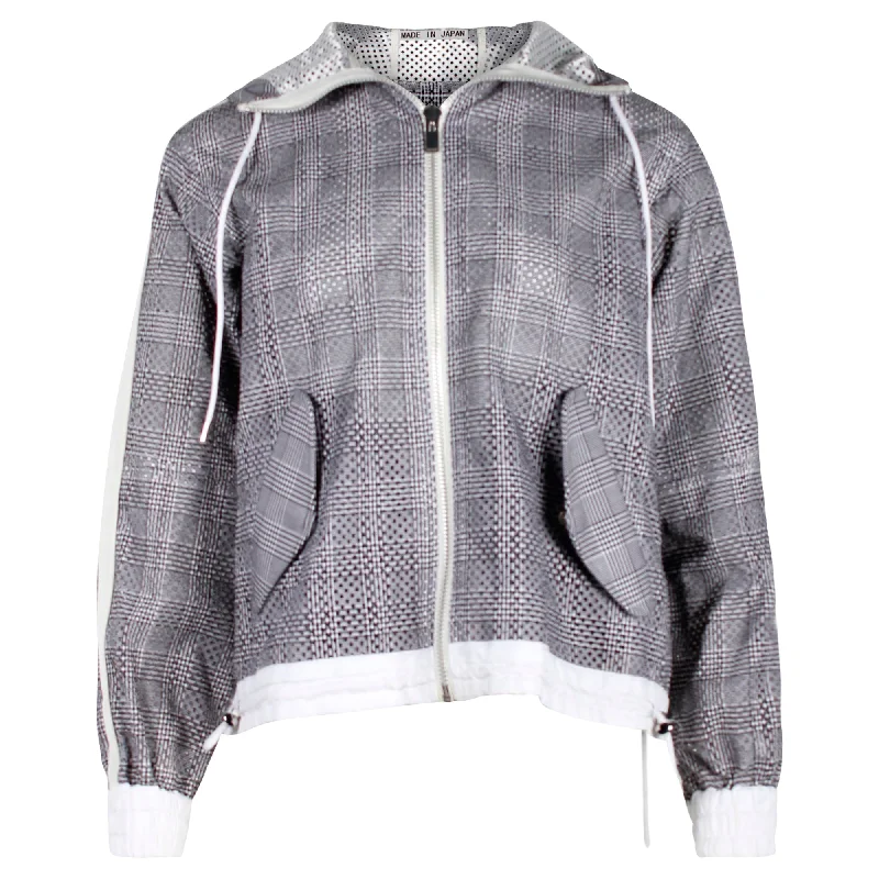 Sacai Checked Hooded Jacket in Grey Polyester Chenille Blend Fleece Blend Nylon Blend Sacai Checked Hooded Jacket in Grey Polyester Chenille Blend Fleece Blend Nylon Blend