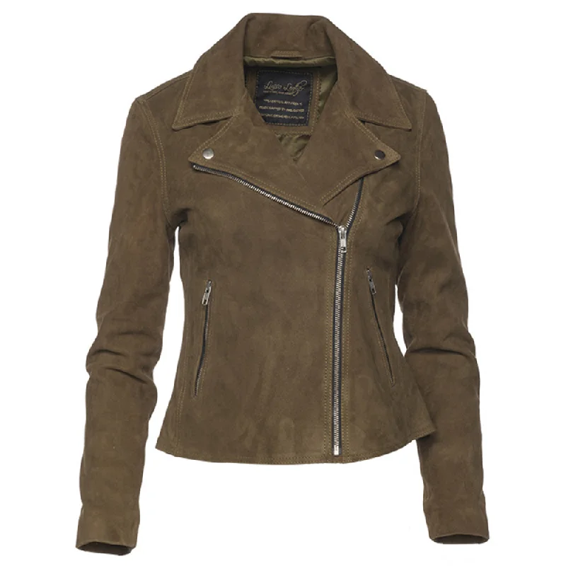 Sandra Olive Green Suede Biker Jacket Polka Dot Checkered Tartan