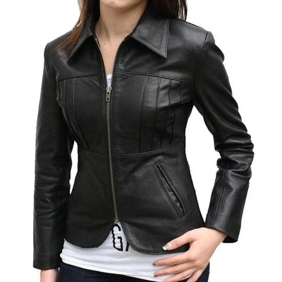 Women Fitted Black Leather Jacket Oversized T-Shirt Spandex breathable