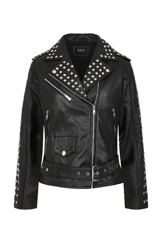 Women's Black Leather "Rock Chic" Jacket with Black Lining - Tatiana 2 Embroidered Appliqued Beaded Women's Black Leather "Rock Chic" Jacket with Black Lining - Tatiana 2 Embroidered Appliqued Beaded