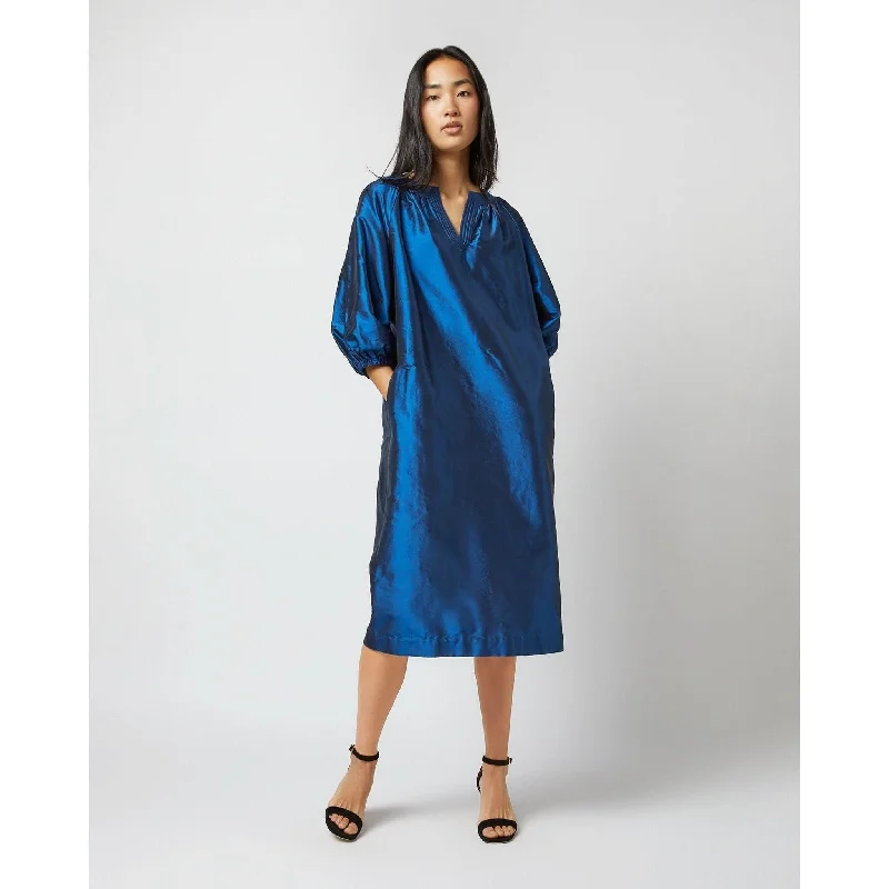 Ann Mashburn Trapunto Blouson Dress Lapis Silk Shantung