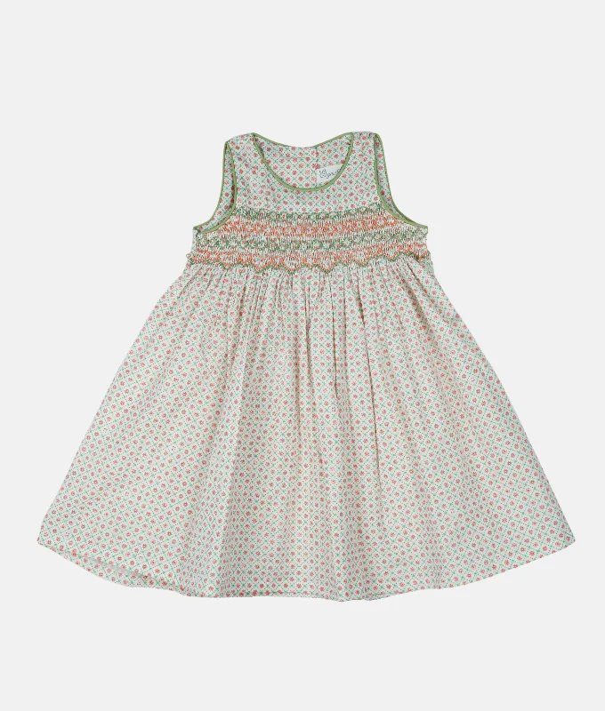 Emma Orange & Green Print Smocked Girls Dress