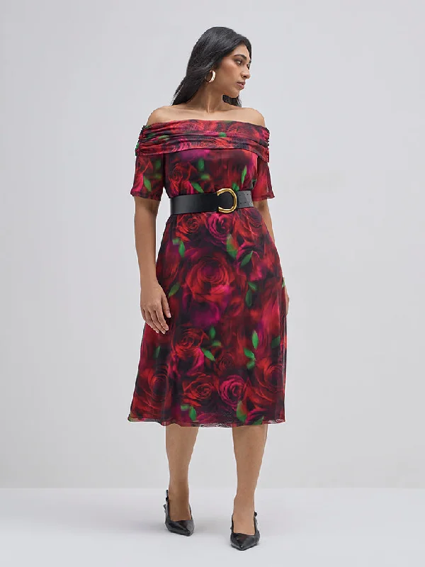 Gia Red Rose Design A-Line Dress
