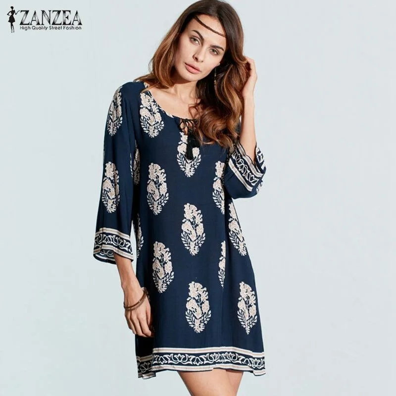 ZANZEA Retro Cotton Rayon Blend 3/4 Sleeve with Tassel Tie Dress