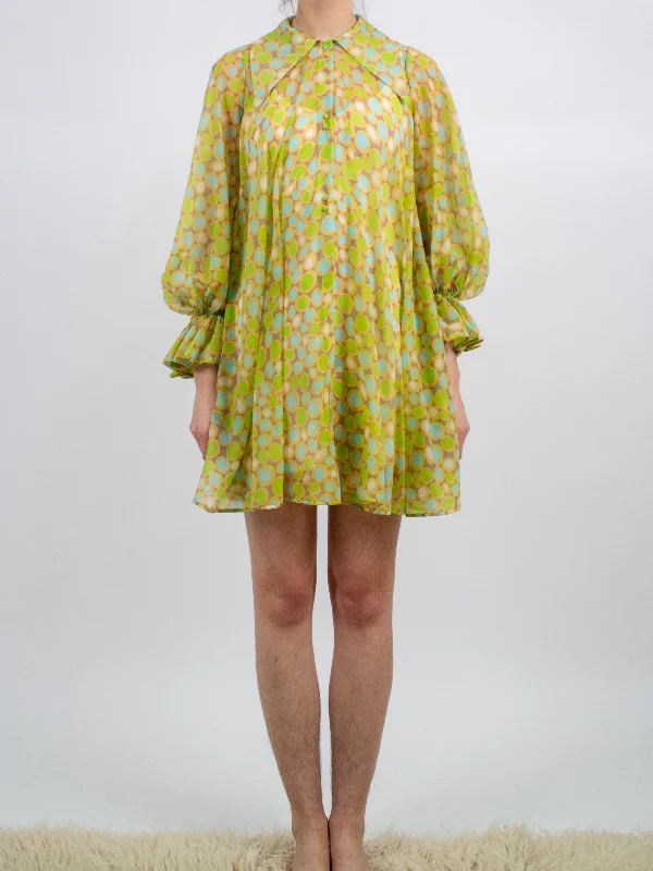 1960s Saks 5th Ave Blue and Green Polka Dot Chiffon Tent Dress