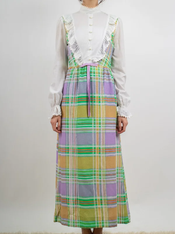 1970's Pastel Plaid Gunne Style Prairie Dress