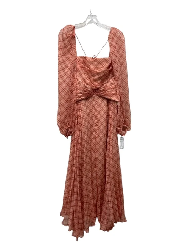 Acler Size 6/S Pink & Orange Polyester Plaid Square Neck Long Puff Sleeve Dress