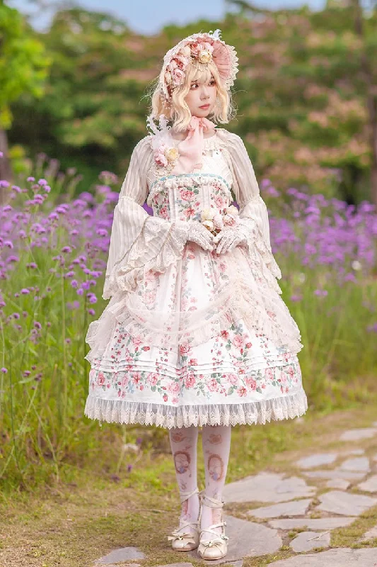 Apricot Rose Morning Dew Print Sweet Elegant Lolita Jsk Dress