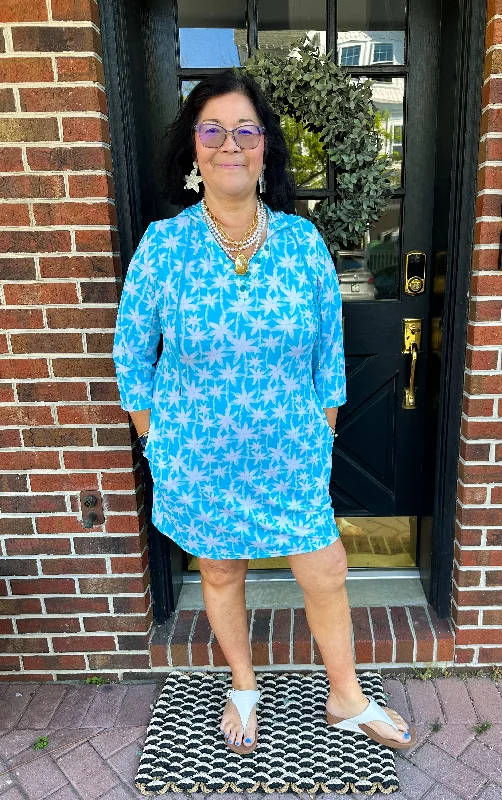 Beachtime by Lulu B Blue Palm Travel Dress Button Down Hoodie
