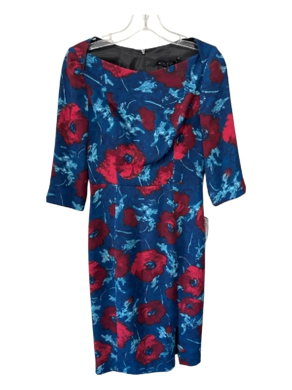 Black Halo Size 2 Blue & Red Polyester Abstract Boat Neck Sheath Dress