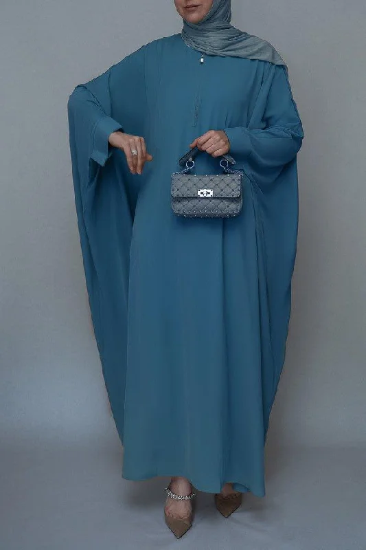 Elegant Blue Batwing Sleeve Dress with Front Zipper