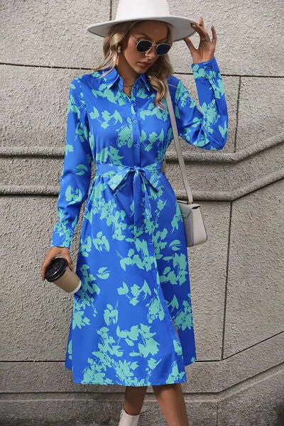 Blue Zone Planet |  Printed Button Up Tie Waist Dress