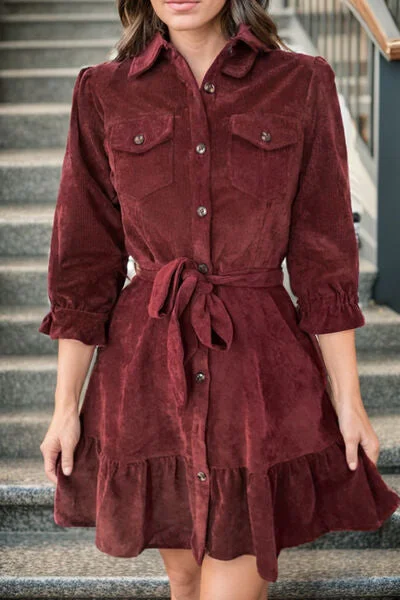 Blue Zone Planet |  Tied Button Up Ruffle Hem Dress