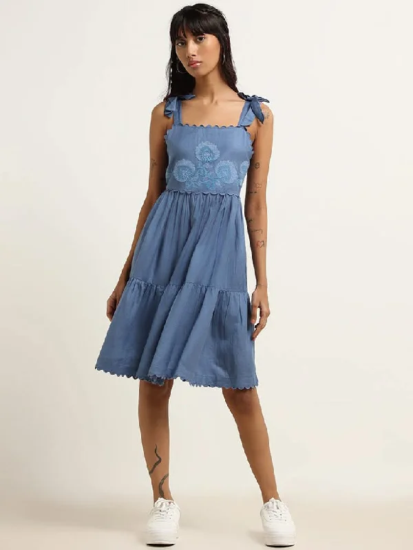 Bombay Paisley Blue Embroidered Cotton Blend Tiered Dress