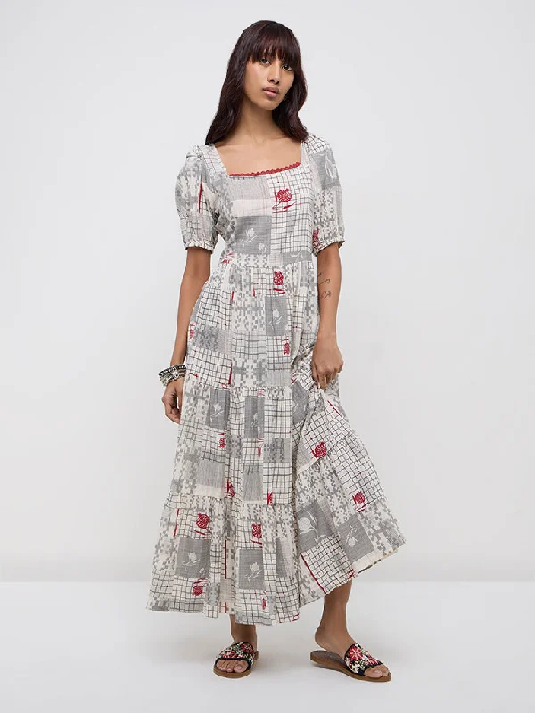 Bombay Paisley Grey Abstract Cotton Tiered Dress