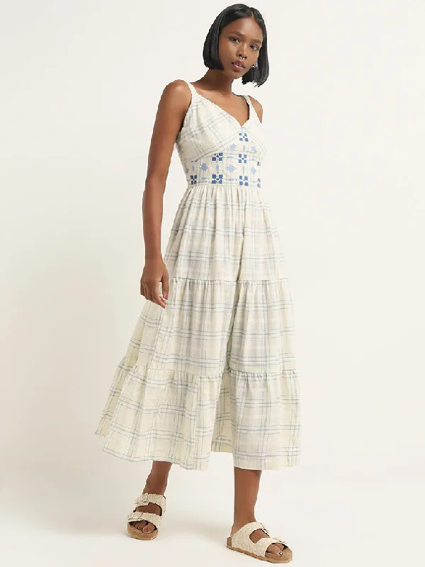 Bombay Paisley Ivory Checkered Design Tiered Cotton Dress