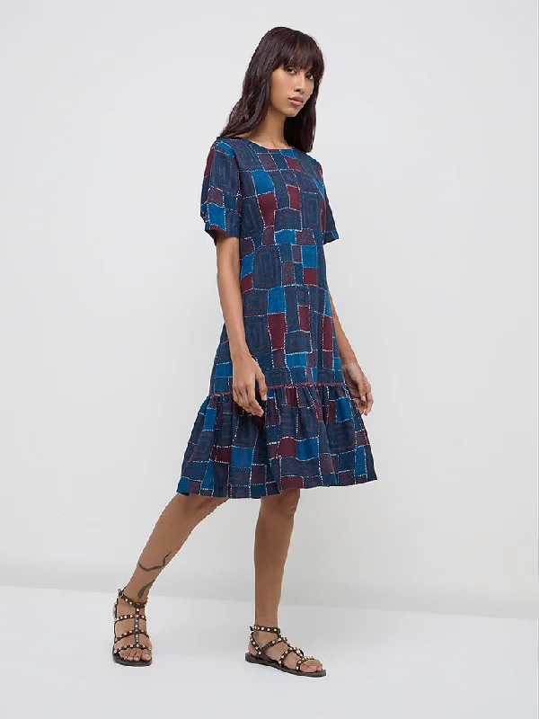 Bombay Paisley Navy Animal Design Tiered Dress