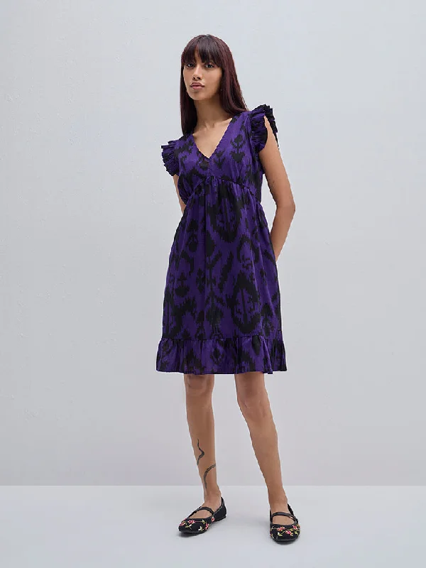 Bombay Paisley Purple Ikat Print Cotton A-Line Dress
