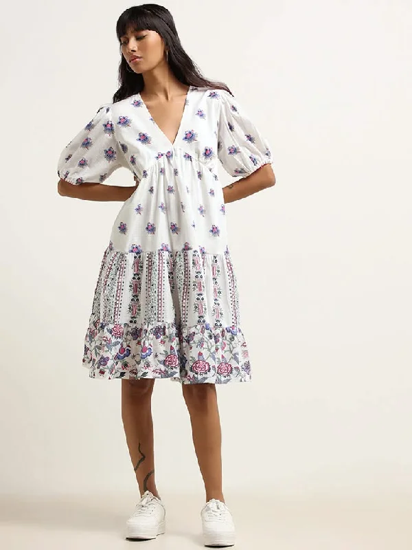Bombay Paisley White Cotton Tiered A line Dress