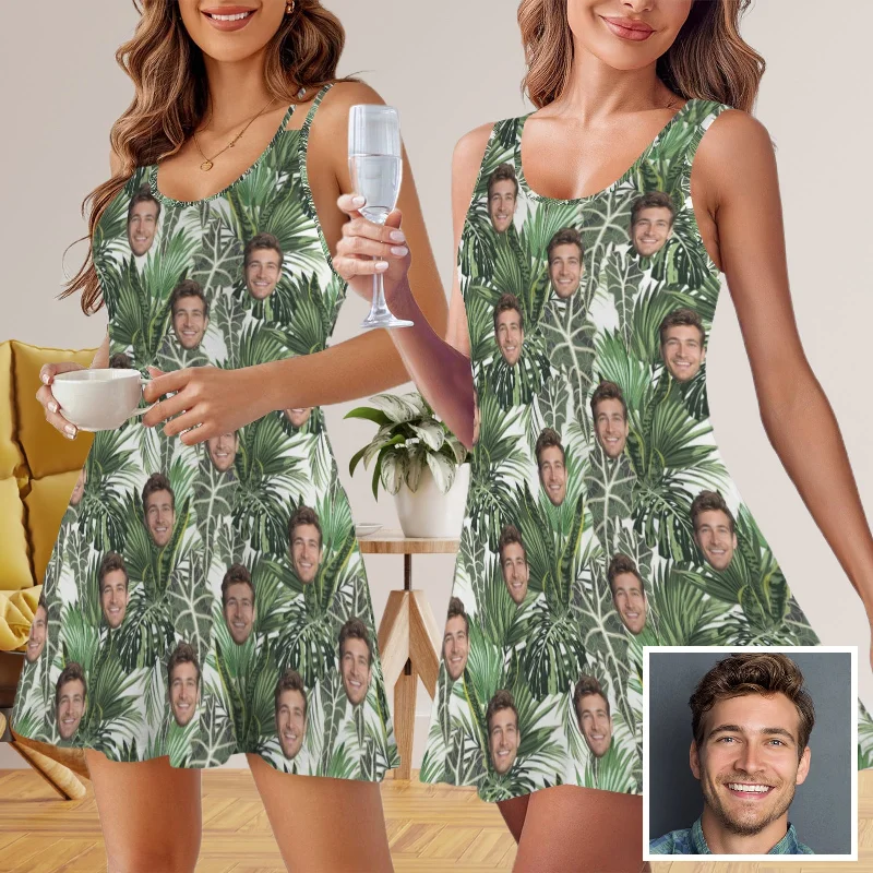 Custom Face Nightdress Personalized Face Green Leaves Nightgown Pajamas