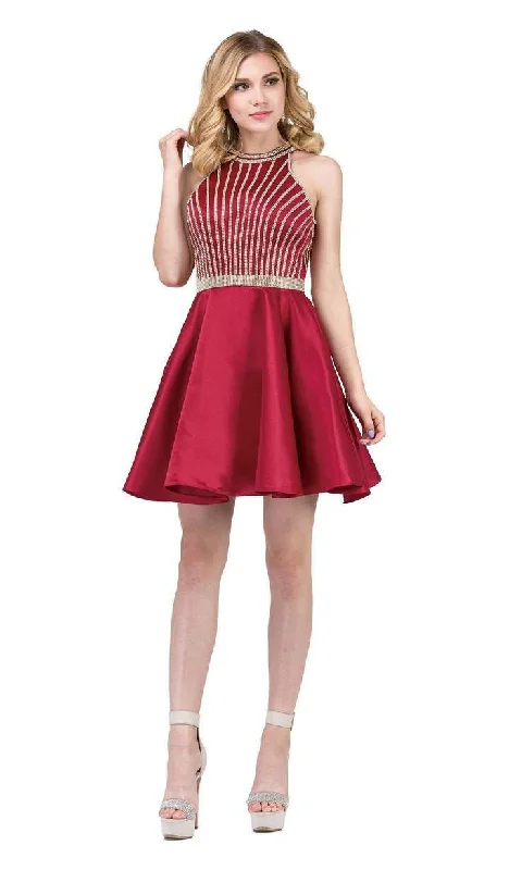 Dancing Queen - 3041SC Gold Beaded Halter Neck A-line Cocktail Dress