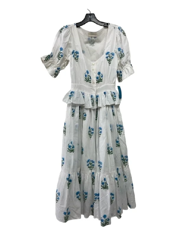 Day Dress Size XS White, Green, Blue Cotton & Acetate Short Puff Sleeve Dress