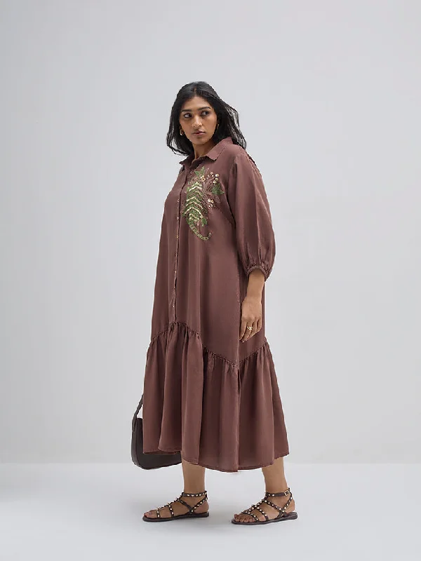 Diza Brown Animal Embroidered Cotton Tiered Dress